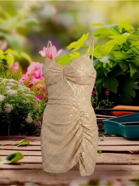 Gold Sequin Mini Dress Womens Small Cocktail Party Holiday Sparkle